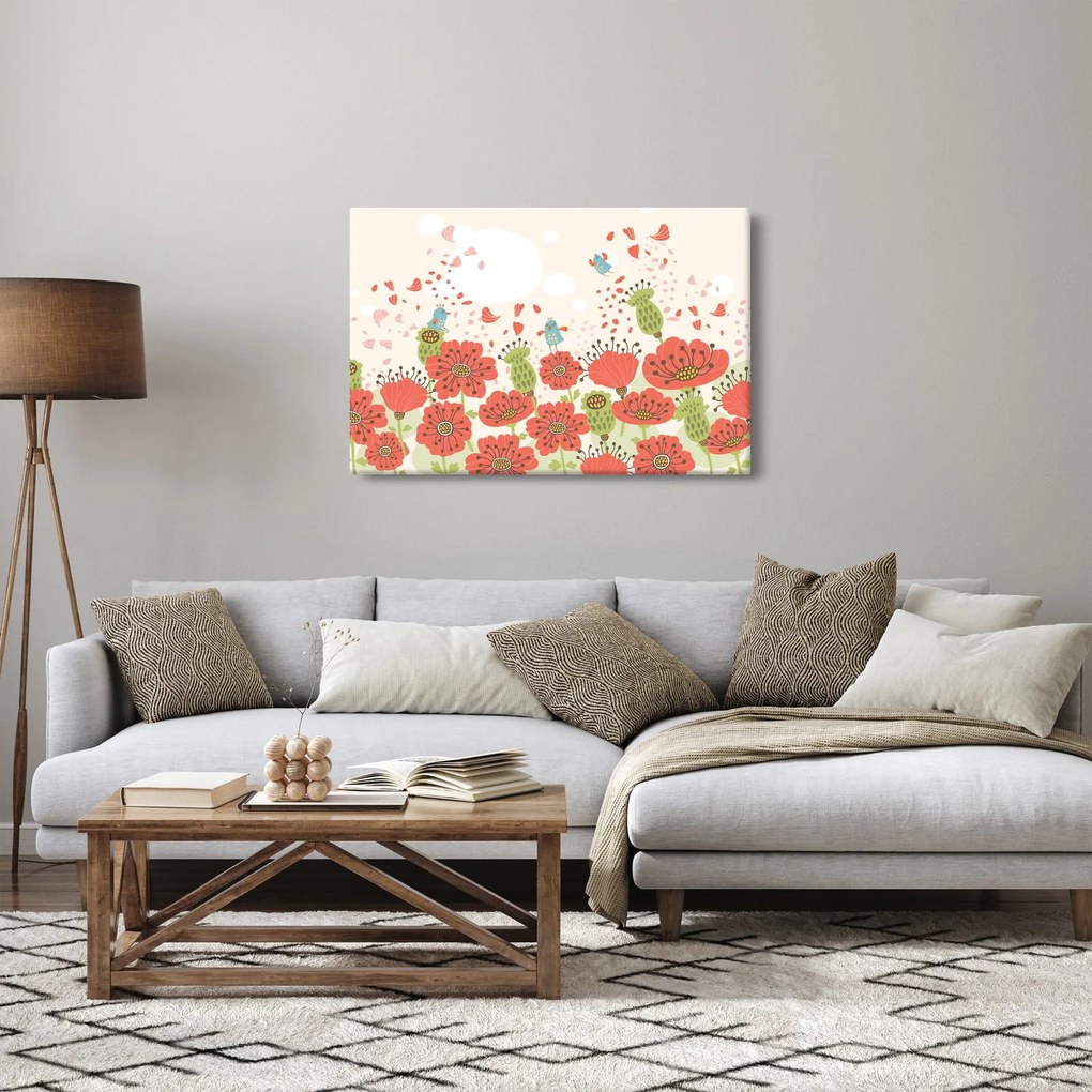 Kép - Madarak egy virágzó réten (90x60 cm)