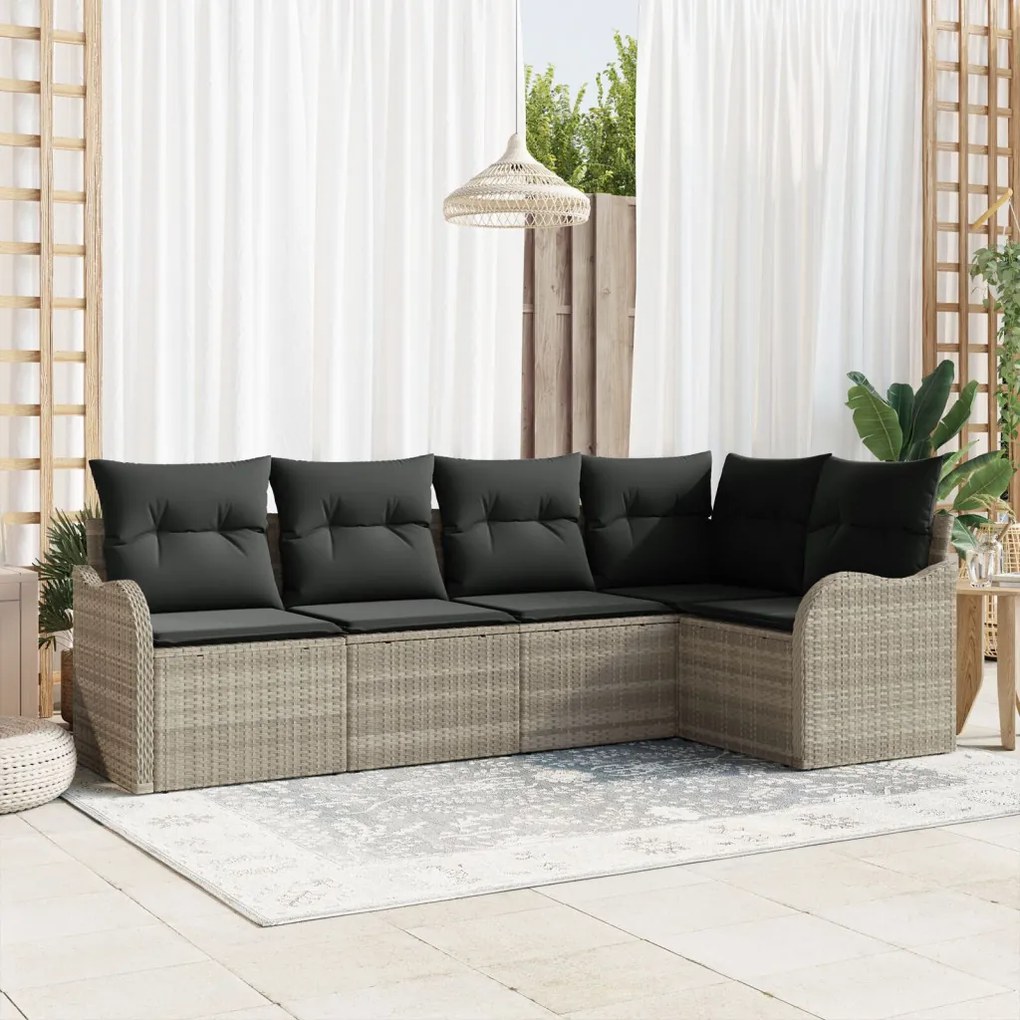 5 darabos Kerti Kanapészett párnákkal Világosszürke Poli Rattan, 2 férőhelyes Kerti Kanapé tárolóval és párnákkal Világosszürke Poli Rattan