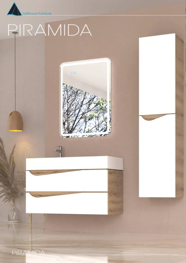Piramida EURIDIKA fali fürdőszobabútor - műmárvány mosdóval -2 fiókos - ALPINFEHÉR-TÖLGY - 90 x 41 x 56 cm