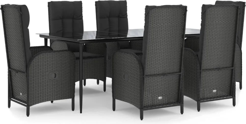 vidaXL 7 részes fekete polyrattan kerti étkezőgarnitúra párnával