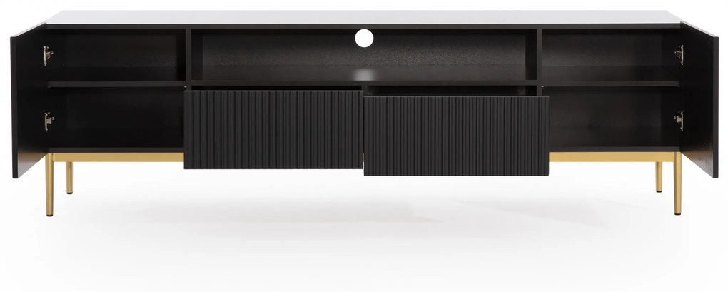 Nicole TV-szekrény 200 cm nyitott polccal és fiókokkal - matt fekete / arany lábak