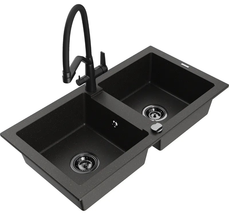 Mexen Mario 2-medencés gránit mosogató, Duo konyhai csapteleppel, fekete/arany metál - 6504-75-671701-70-B