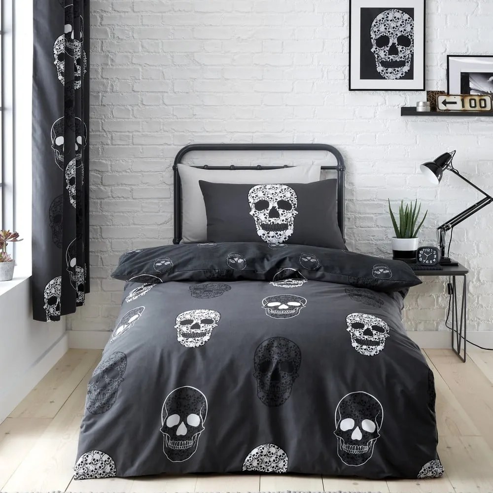 Sötétszürke egyszemélyes gyerek ágyneműhuzat 135x200 cm Skulls – Catherine Lansfield