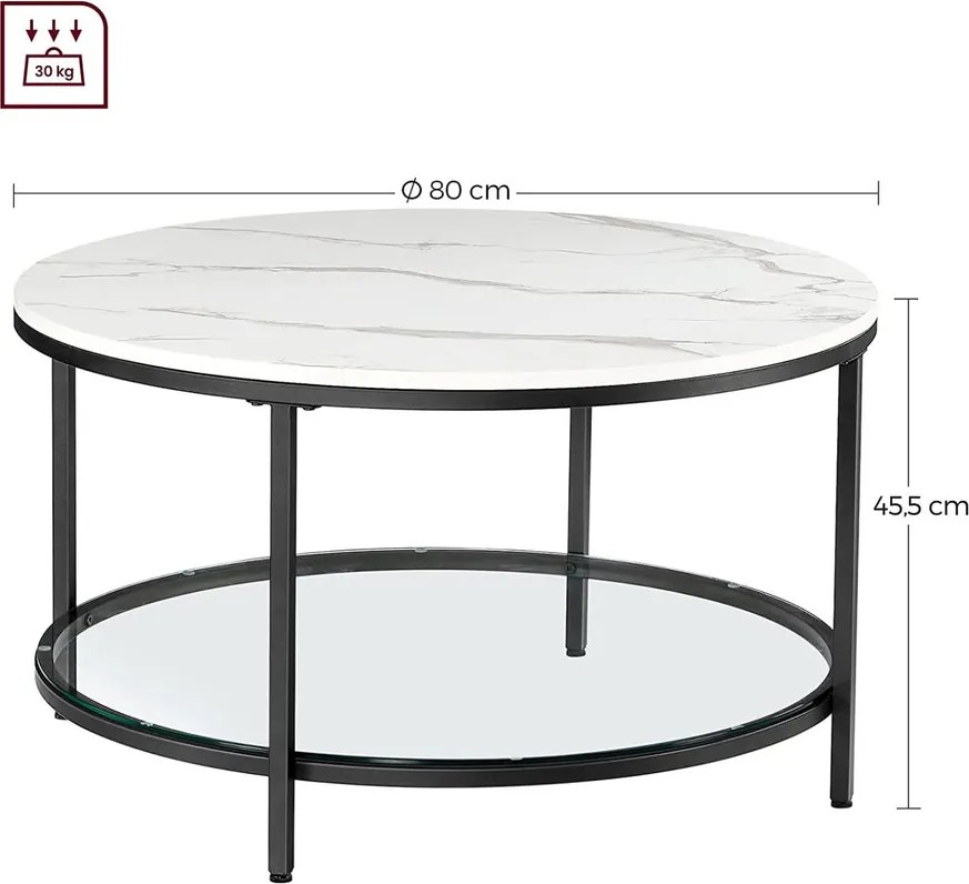 VASAGLE modern üveglapos dohányzóasztal, márvány hatású, fehér-fekete