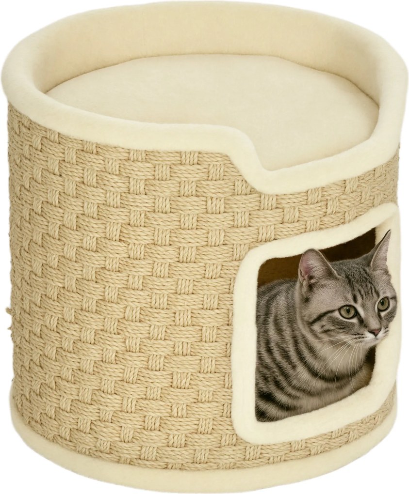 PawHut Kaparófa, 37 cm Magas Macska Henger, Macska Bújóhely Ajtóval, Macska Ház, Kaparófa 2 Szinten, Macska Torony, Macska Ágy Zsineggel, 5 kg-ig | Ao