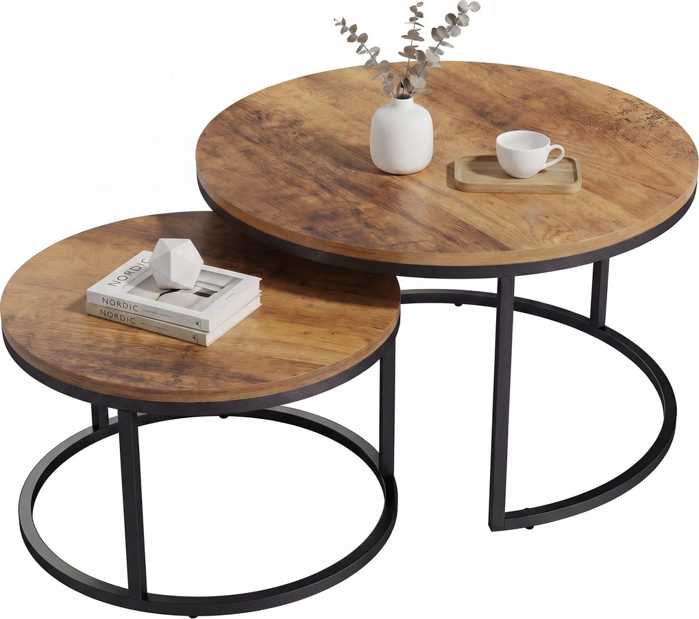 HOMCOM 2-Piece Round Nesting Coffee Tables — Industrial Metal Frame, Brown Wood-Effect Tops (Large 23.6×23.6×17.7 in / Small 17.7×17.7×15.9 in) | Aoso