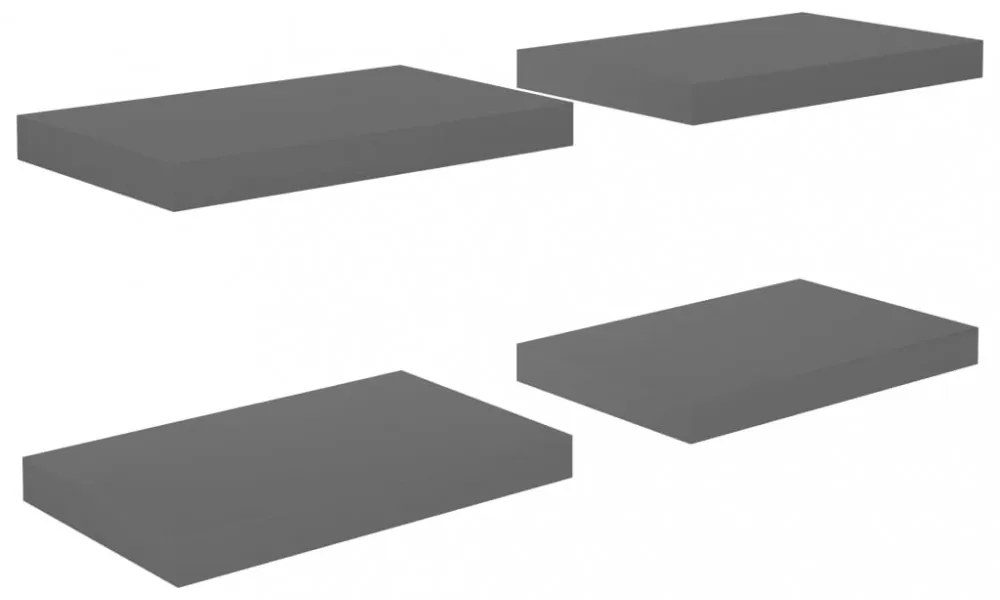 4 db magasfényű szürke MDF lebegő fali polc 40 x 23 x 3,8 cm