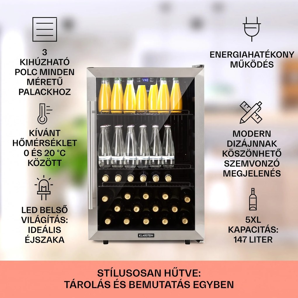 Klarstein Beersafe 5XL, hűtőszekrény, 147 liter, 3 polc, panoráma üvegajtó, rozsdamentes acél