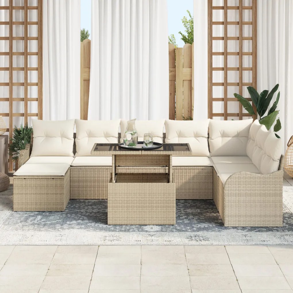 9 Részes Kert Sofa Szett Párnákkal Bézs Poli Rattan, 2-Fős Kert Sofa Párnákkal Bézs Poli Rattan