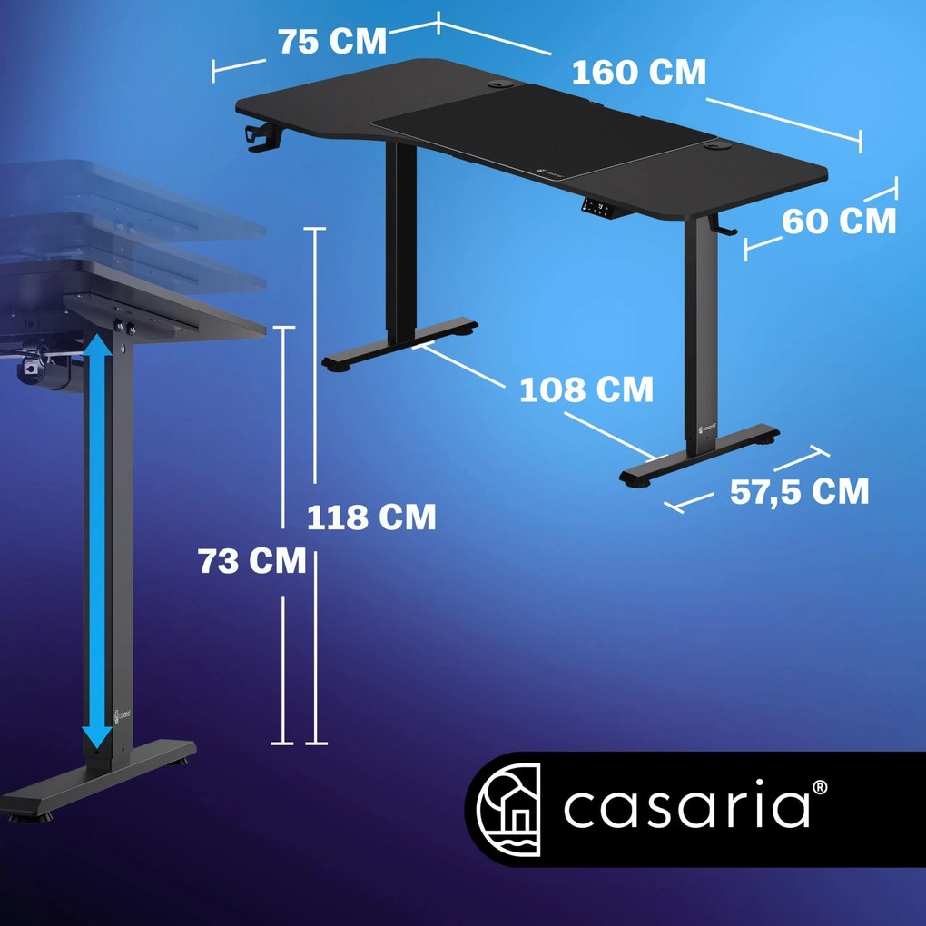 Casaria® Állítható magasságú irodai íróasztal 160x75x118cm matraccal - fekete