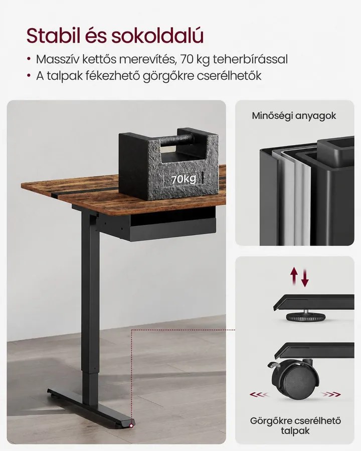 Elektromos magasságállítható íróasztal 140 × 60 cm, konnektorokkal és USB-portokkal, vintage barna-fekete