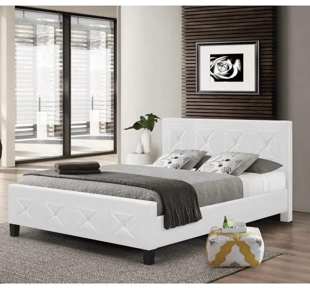 Dupla ágy ágyráccsal, textilbőr fehér, 160x200, CARISA