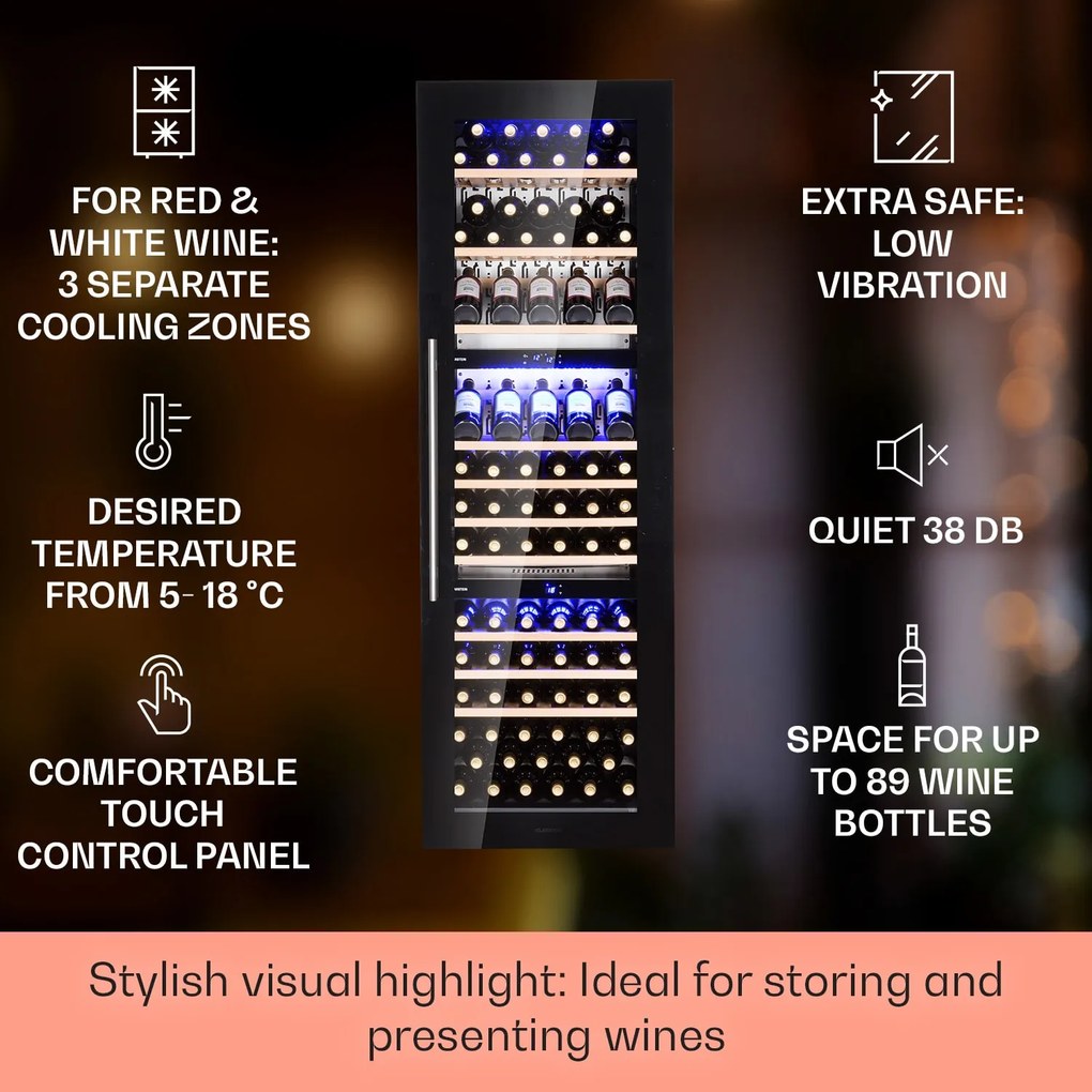 Klarstein Vinsider 89 Trio, beépített borhűtő, 5 - 18 °C, érintőképernyős vezérlőpanel, fa polcok