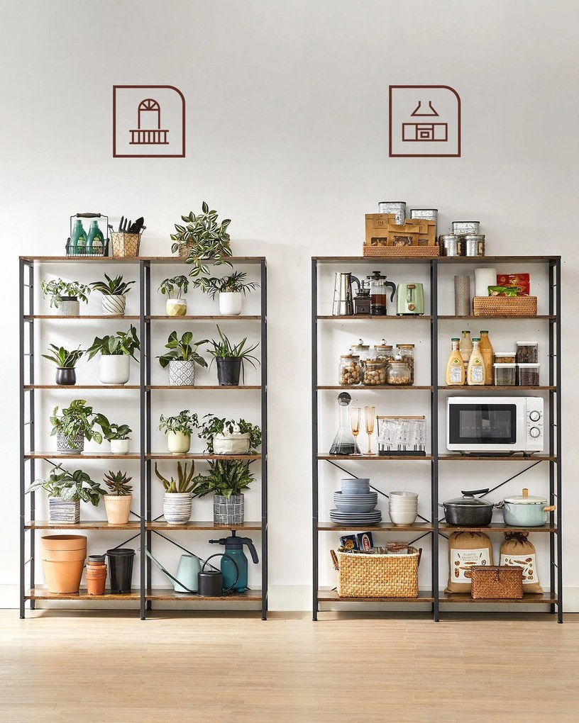 Ipari stílusú 6-szintes könyvespolc rusztikus barna és fekete színben