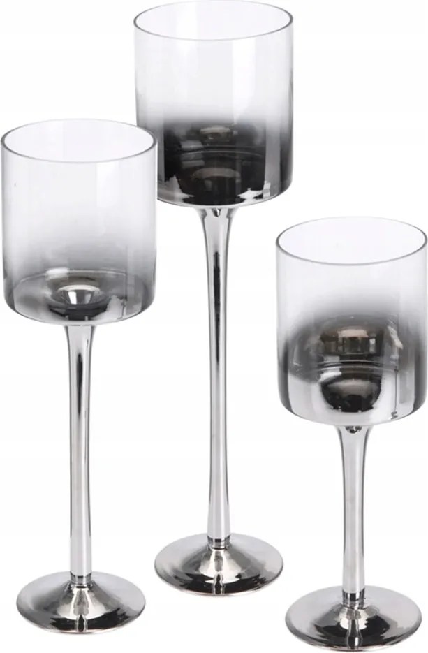 Üveg gyertyatartó, 3 darabos szett, ezüst színű