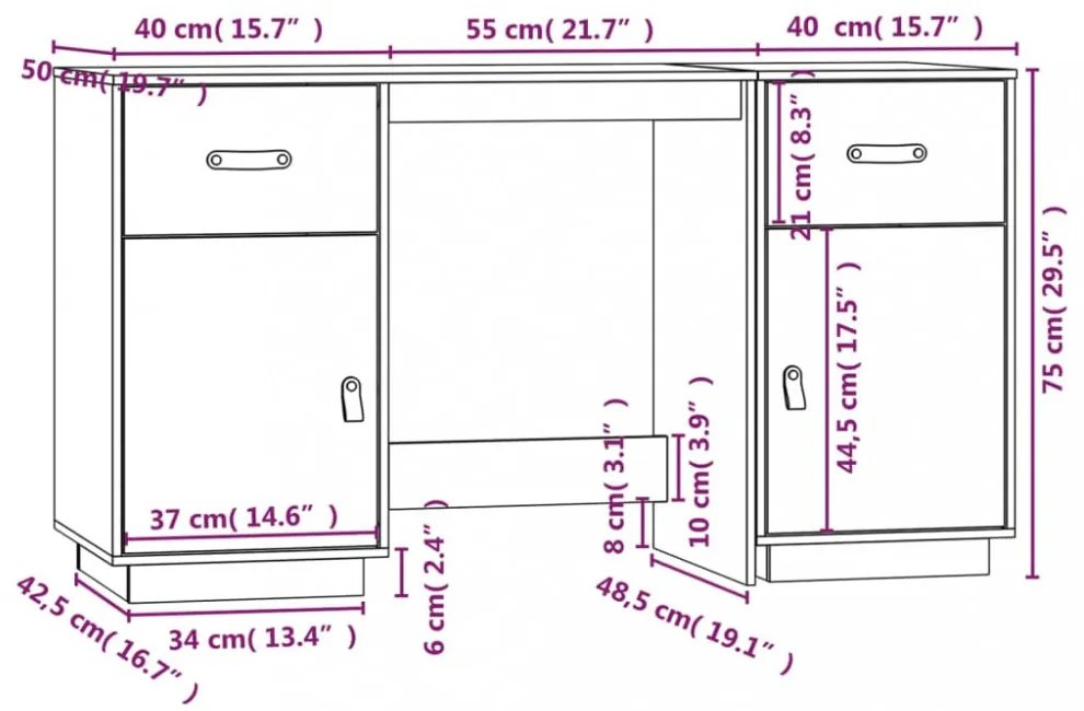 vidaXL mézbarna tömör fenyőfa íróasztal szekrényekkel 135 x 50 x 75 cm