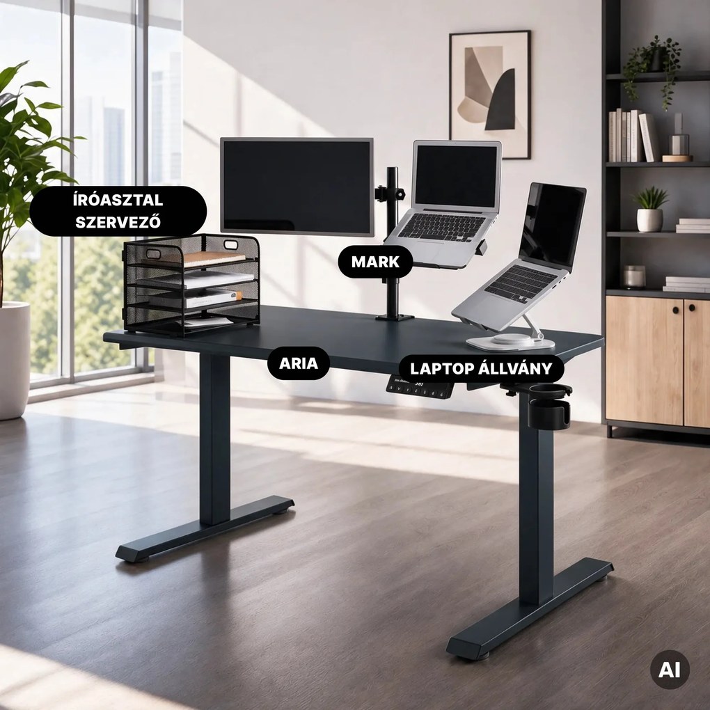 Elektromos íróasztal magasságállítással ergonomikus antracit,1200x600 mm: ARIA