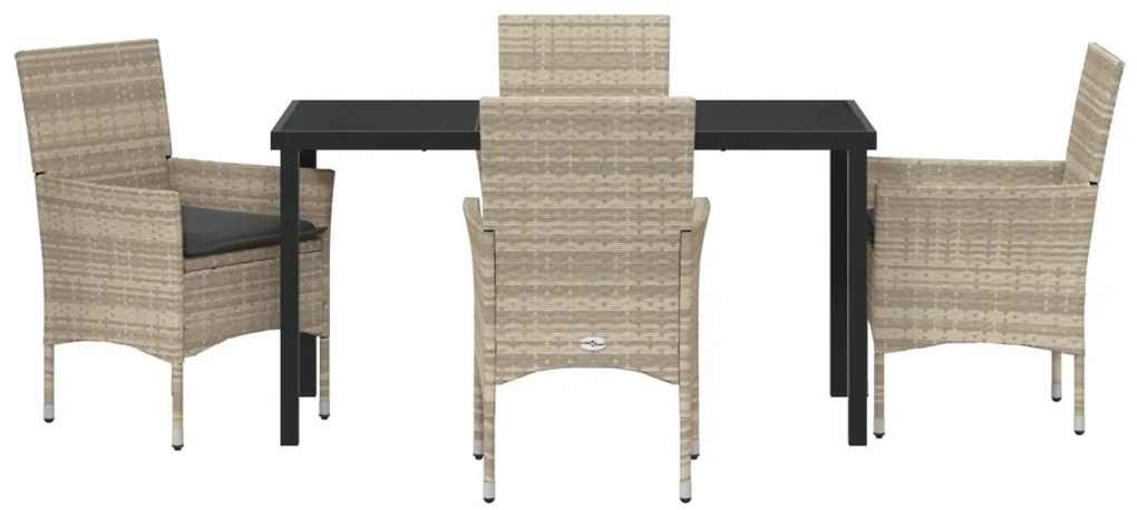 5 Részes Kert Étkezősor Párnákkal Világosszürke Poli Rattan, Kert Asztal Fekete 140x80x73 cm Edzett Üveg