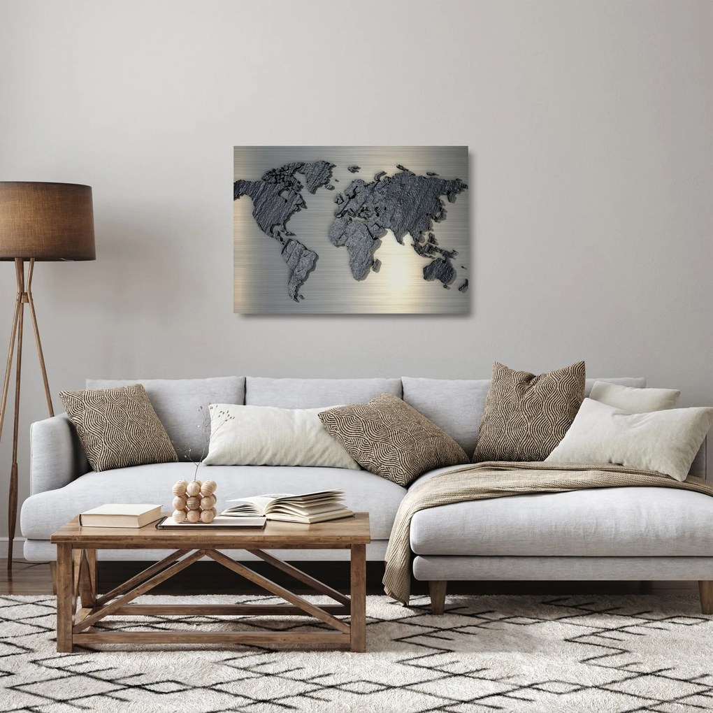 Kép - Világtérkép kő textúra (üvegen) (70x50 cm)