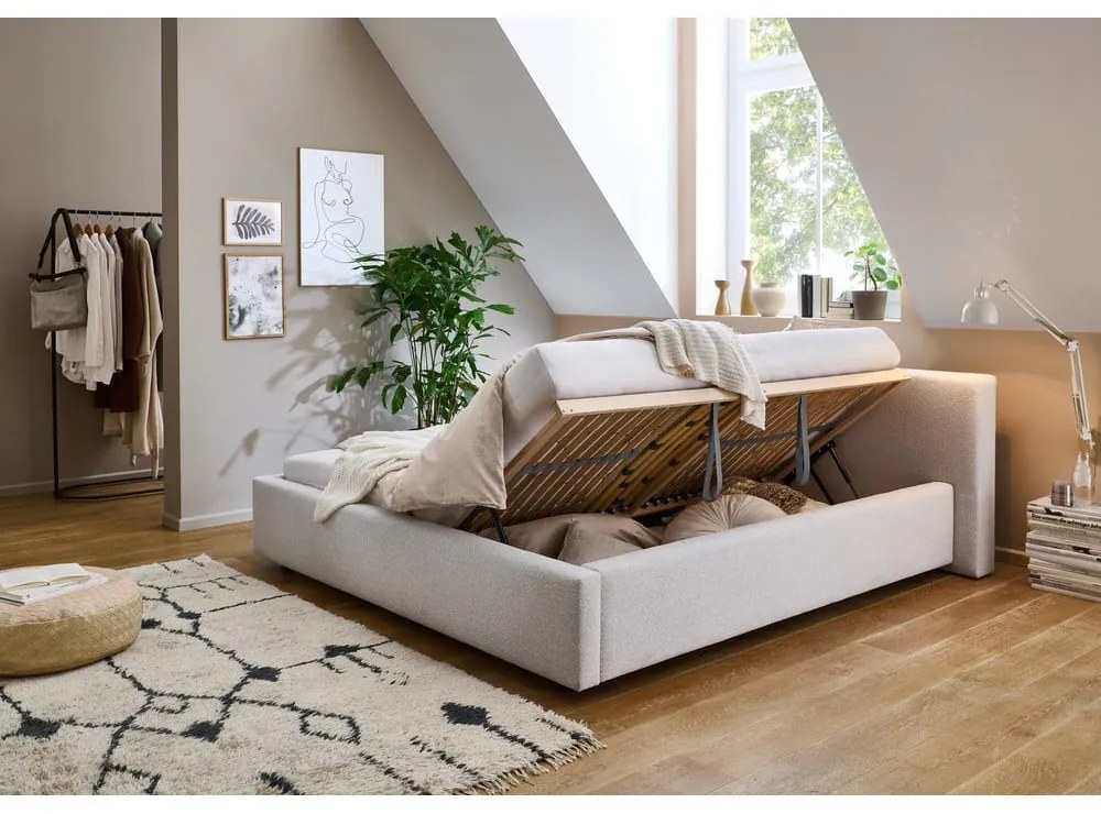 Világosszürke kárpitozott ágyneműtartós franciaágy ágyráccsal 180x200 cm Cube – Meise Möbel