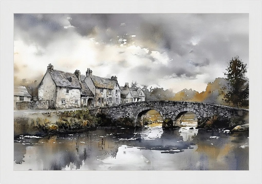 Poszter Keret Fa Tájkép Anglia Város Házak Folyó Híd 60x40