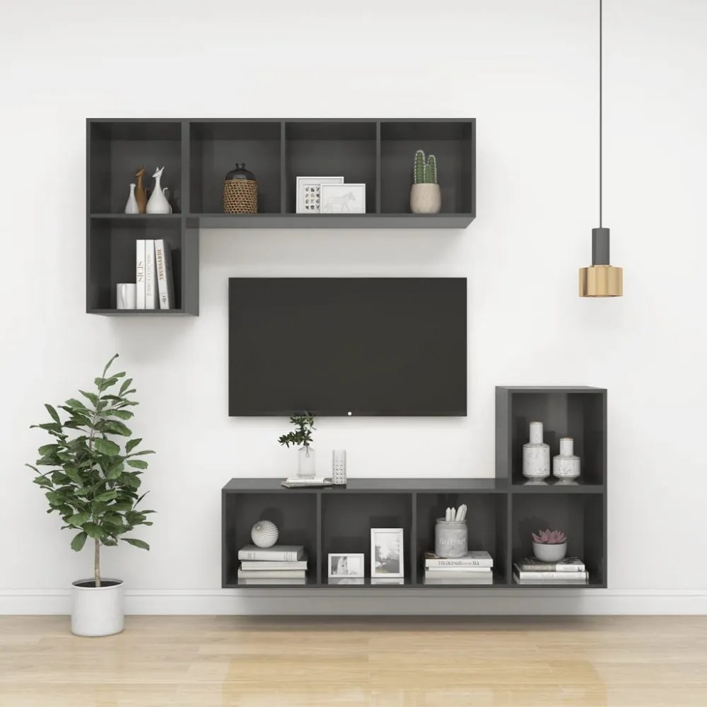 magasfényű szürke szerelt fa fali TV-szekrény 37 x 37 x 107 cm