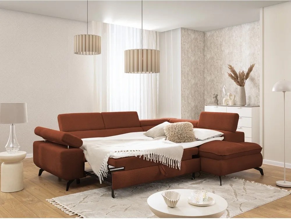 Terrakotta színű zsenília sarokkanapé (jobb oldali-L alakú) Marbeya – Ropez