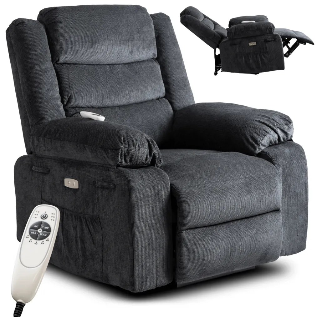 Elektromosan Vezérelhető Masszázsfunkciós Relaxfotel Sötétszürke Színben. JASPER