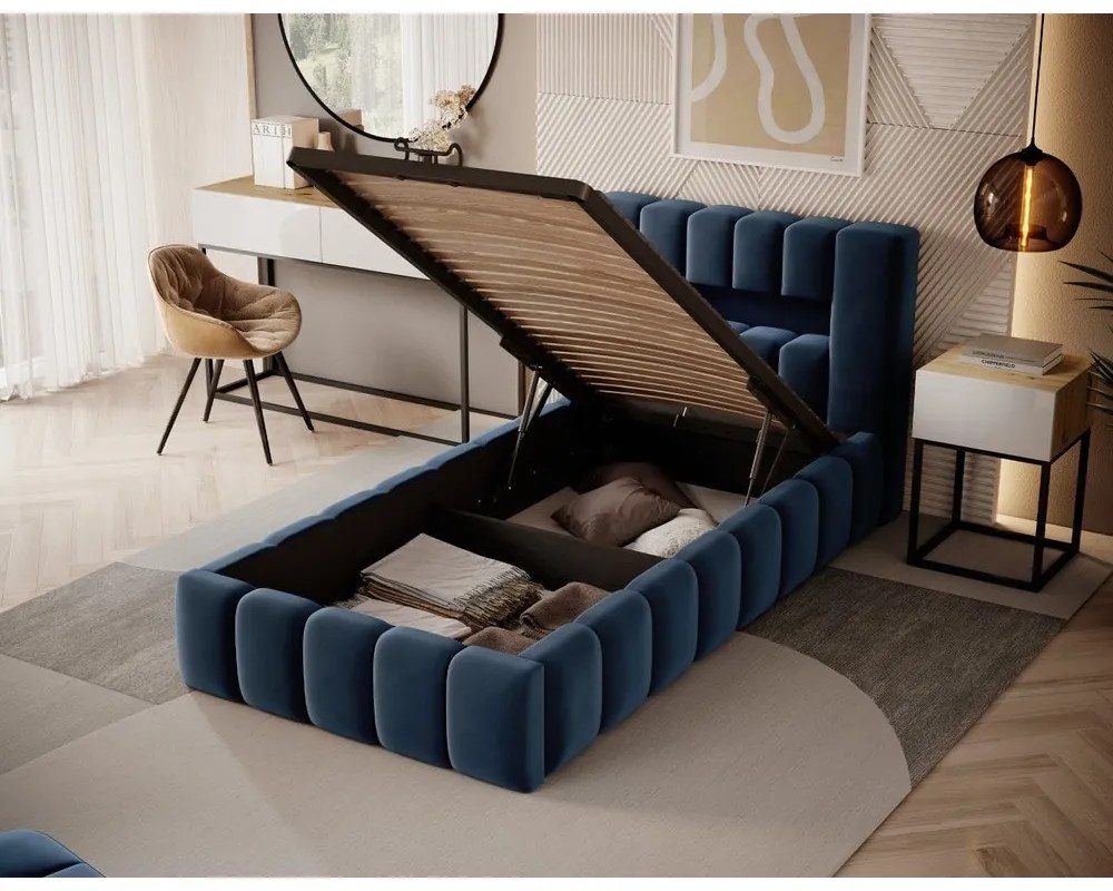 Sötétkék kárpitozott ágyneműtartós egyszemélyes ágy ágyráccsal 90x200 cm Lamica – ELTAP