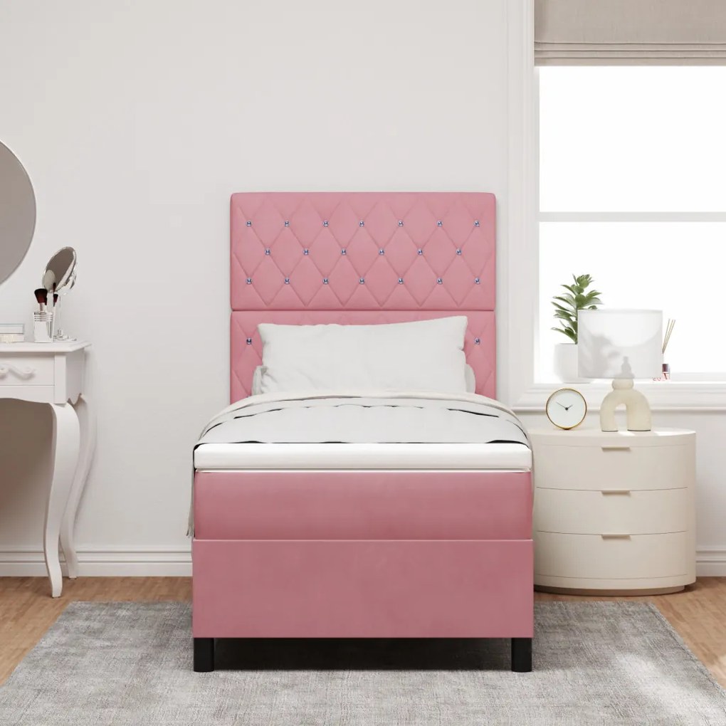 Boxspring Ágy Matraccal Rózsaszín Egyszemélyes Bársonyos