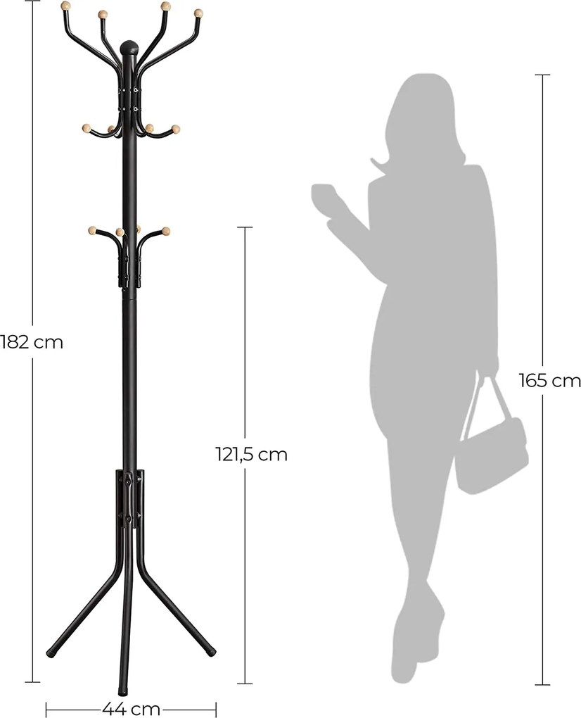 Fém álló fogas és ruhafogas 12 kampóval, fa gömbvégekkel, 182 cm, fekete