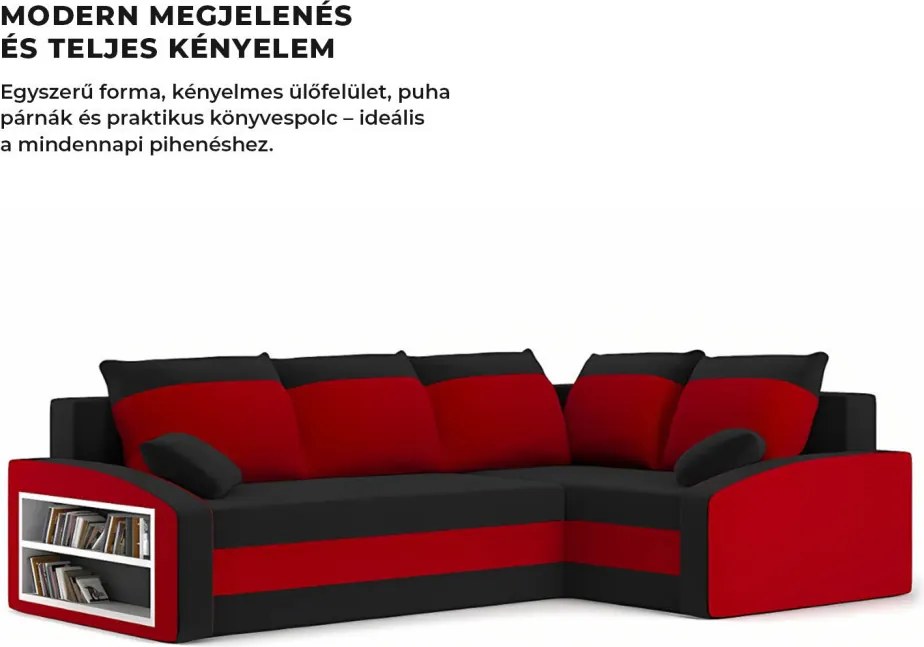 Grande sarokkanapé polcokkal , polc a bal karfaban, jobboldali, szövet anyag, hab töltet, fekete - piros
