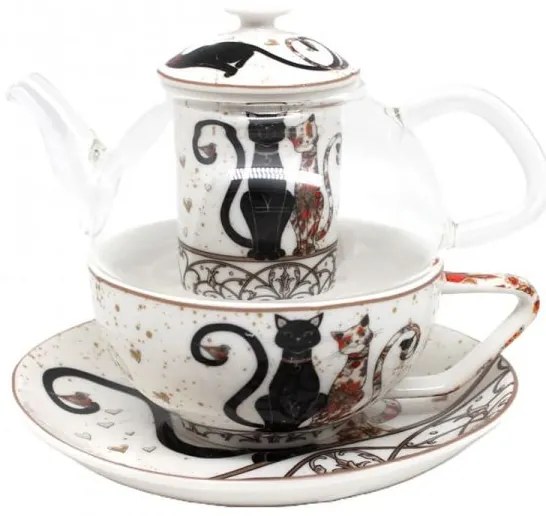 Fekete-arany cicás porcelán teáskészlet - 1 személyes szűrővel