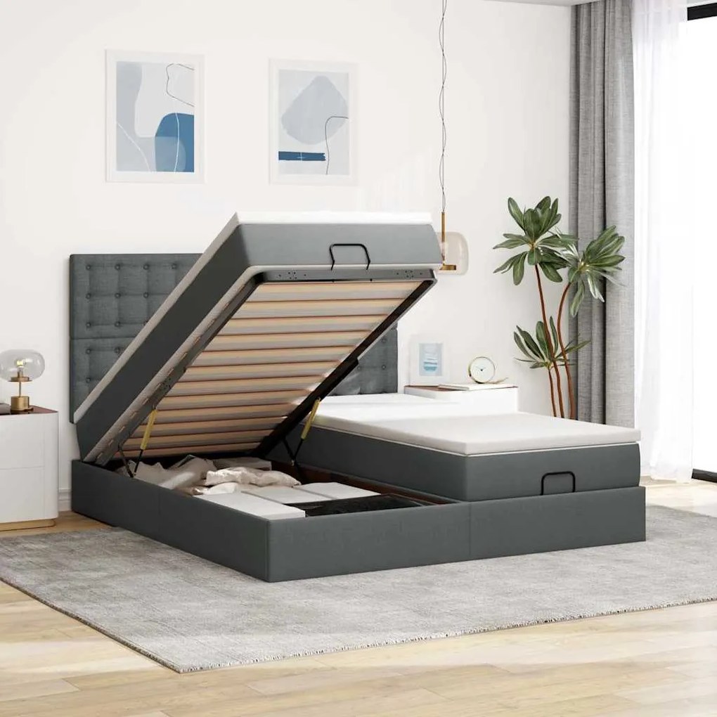 vidaXL Ottomán ágykeret matracokkal Sötét szürke 200x200cm szövet