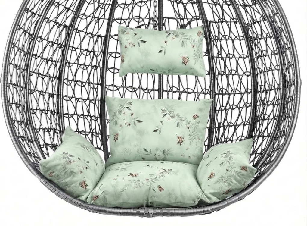 Szürke függőszék KOKON állvánnyal, világoszöld mintás párnával