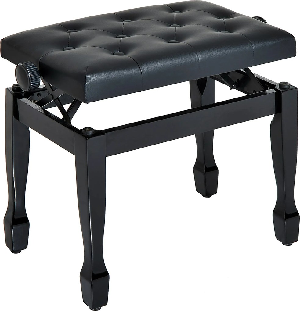 HOMCOM Zongoraszék, Zongorapad, Szétnyitható Magasságú Szék Zenei Eszközökhöz, Tömbfa és Műbőr Fekete 64 x 35 x 45-55 cm | Aosom