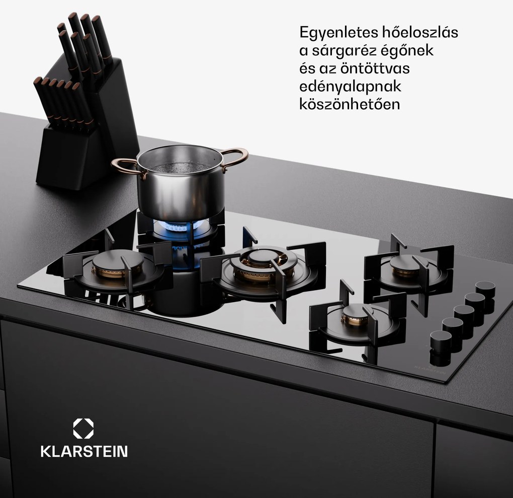 Klarstein Goldflame 5, gáz főzőlap, önálló, 5 égő, oldalsó vezérlés, gáz/propán, üvegkerámia, fekete