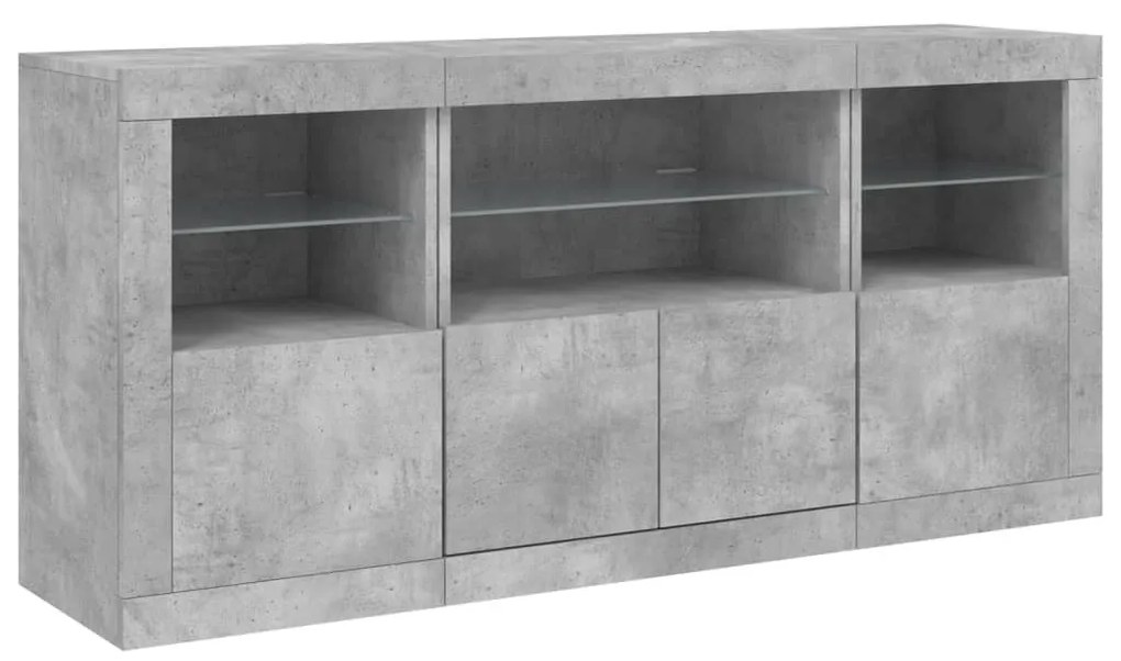 betonszürke tálalószekrény LED-világítással 142,5 x 37 x 67 cm