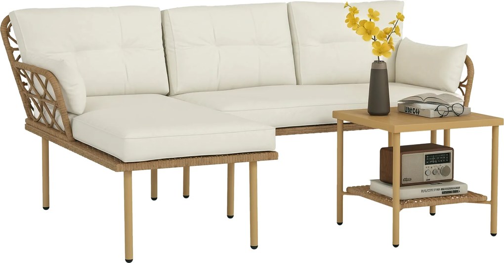 Outsunny Mesterséges Rattan Kerti Bútor Szett - 3 Részes, Kerti Bútor 1 Kétüléses Kanapé, 1 Sarokkanapé, 1 Fém Kávéfőző Asztal és UV-védelemmel elláto