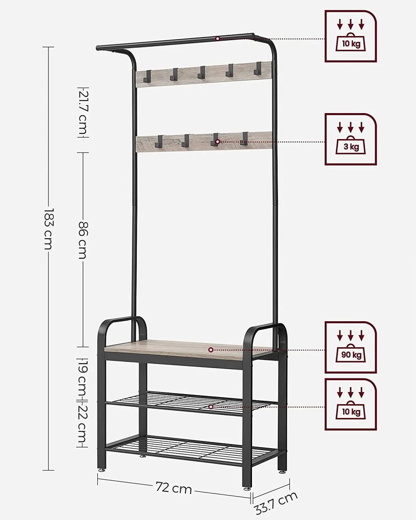 Kabáttartó állvány, kabátállvány cipőtárolóval, 183cm magas, szürke-fekete
