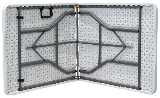 Összecsukható kempingasztal fehér színben 180x70, fogantyúval a könnyű hordozhatóság érdekében