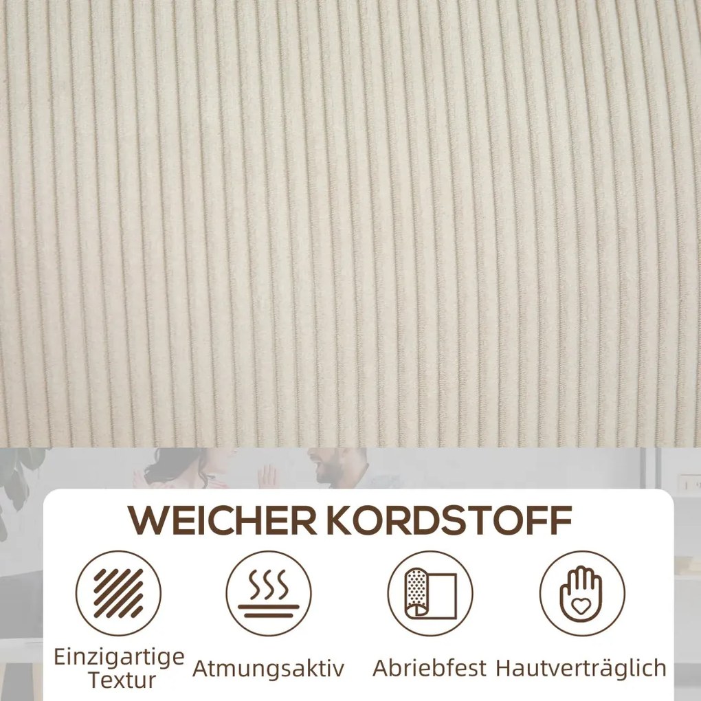 HOMCOM Kanapé, 3 személyes, kordbársony huzattal, rugós maggal, 227 x 84 x 87 cm, krémfehér