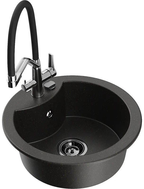 Mexen Diego egymedencés gránit mosogató Duo konyhai csapteleppel, fekete/arany metál - 6512-75-671701-07-B