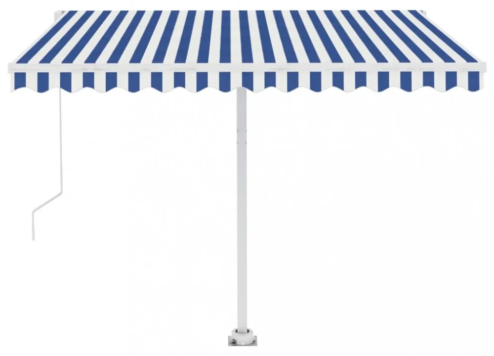 kék és fehér kézzel kihúzható póznás napellenző 300 x 250 cm