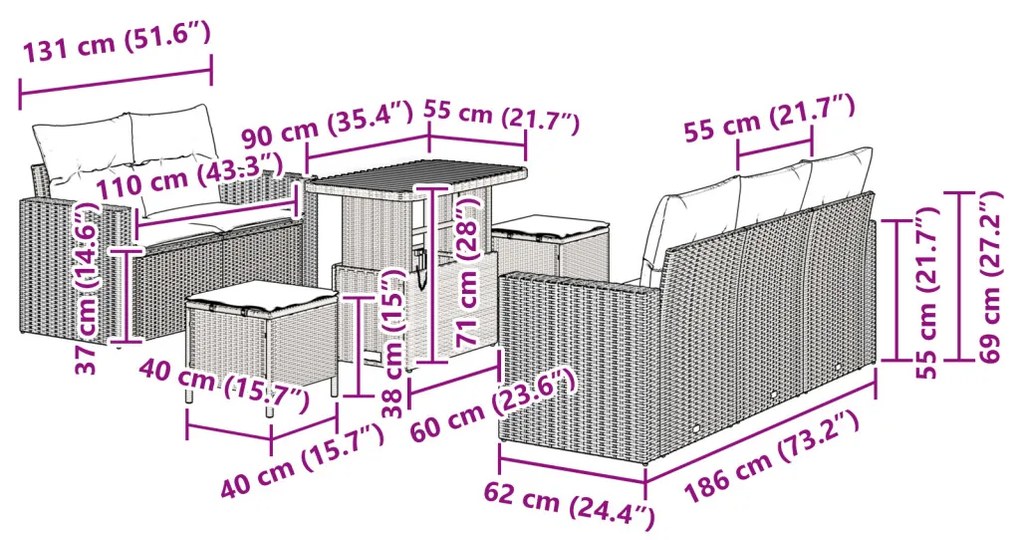 8 darabos kerti kanapé szett párnákkal Bézs poli rattan akció, 3 darabos kerti étkező szett párnákkal Bézs poli rattan akció