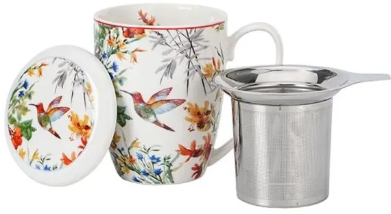 Kolibri madaras porcelán bögre fémszűrővel és tetővel - 350 ml virágos porcelán teás bögre fémszűrővel és tetővel - 350 ml