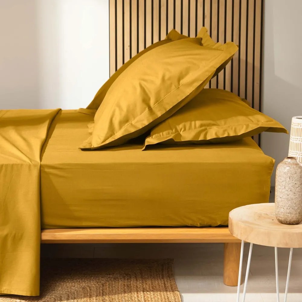 Sárga gumis bio pamut lepedő 160x200 cm Biolina – douceur d'intérieur
