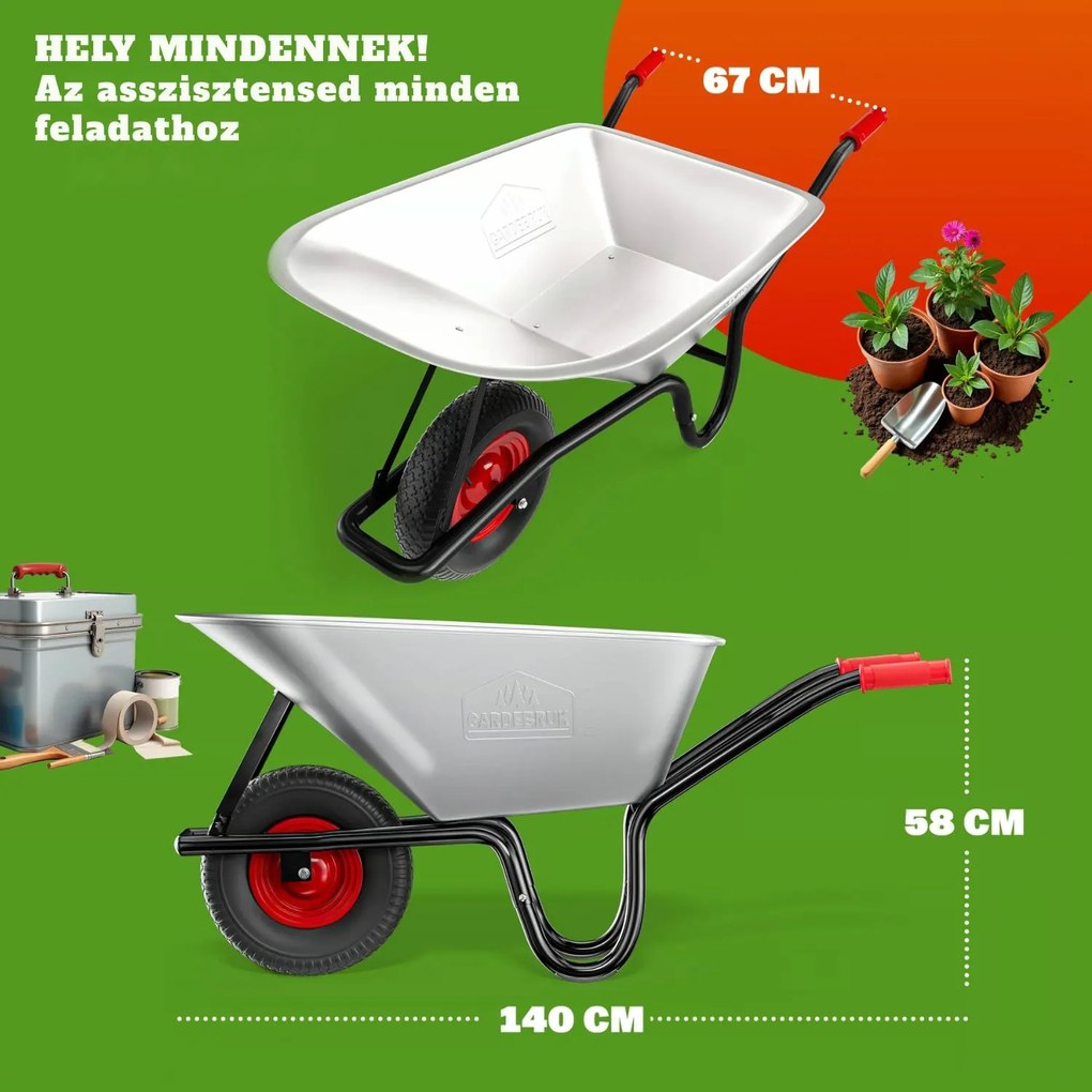 BARRY horganyzott talicska, max. kapacitás 100l/250kg, ezüst/fekete Gardebruk