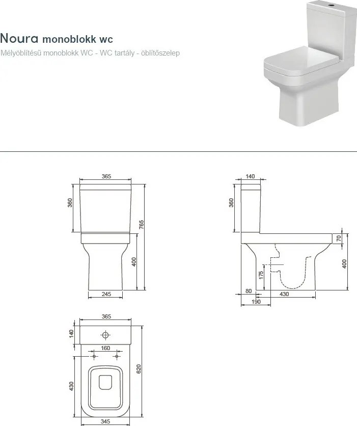 CeraStyle NOURA monoblokk WC - NEM FALIG érő talppal - 62 cm