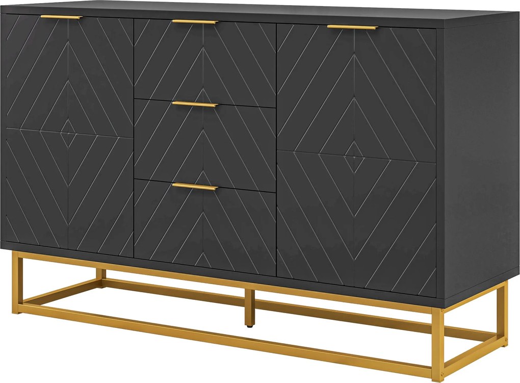 HOMCOM Modern Tálaló Buffét 3 Fiókkal, 2 Ajtóval és Állítható Polccal Az Étkezőbe / Konyhába – Anti-tip 120x40x76 cm Fekete | Aosom